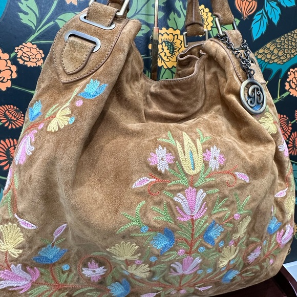 Bally Vintage Embroidered Suede Hobo Tote Bag – Brown with Floral Detailing - Picture 4 of 13